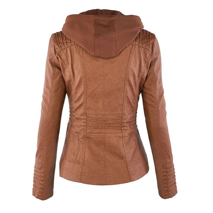 Elegant Faux Leather Moto Jacket for Women with Hooded Long Sleeve Quilted Detail Casual Style