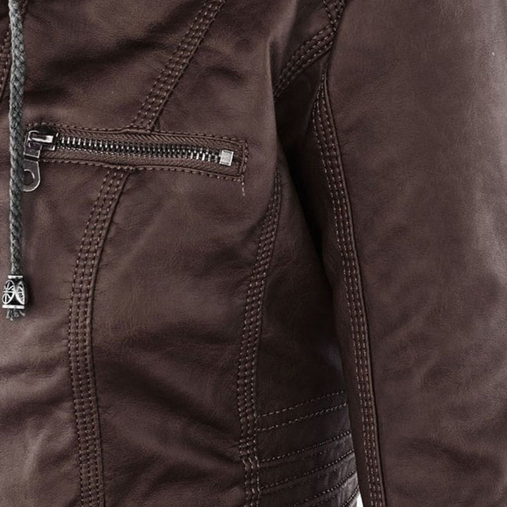 Elegant Faux Leather Moto Jacket for Women with Hooded Long Sleeve Quilted Detail Casual Style