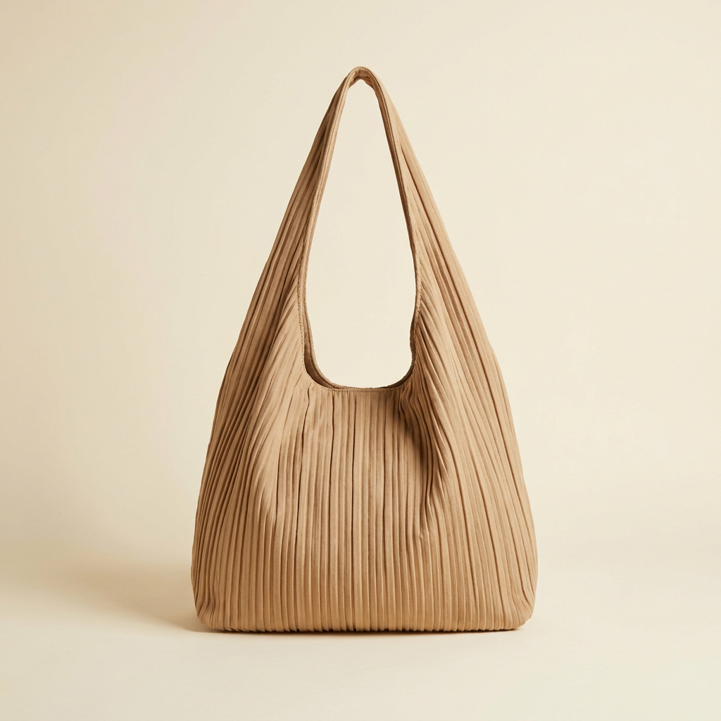 Delphine soft pleated tote in warm sand, shown upright against a cream studio backdrop
