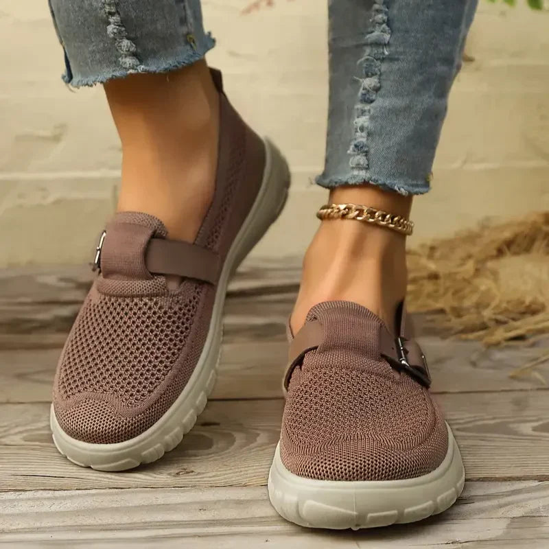 Comfortable Loafers for Women with Breathable Knit Upper Buckle Detail Slip On Flat Style
