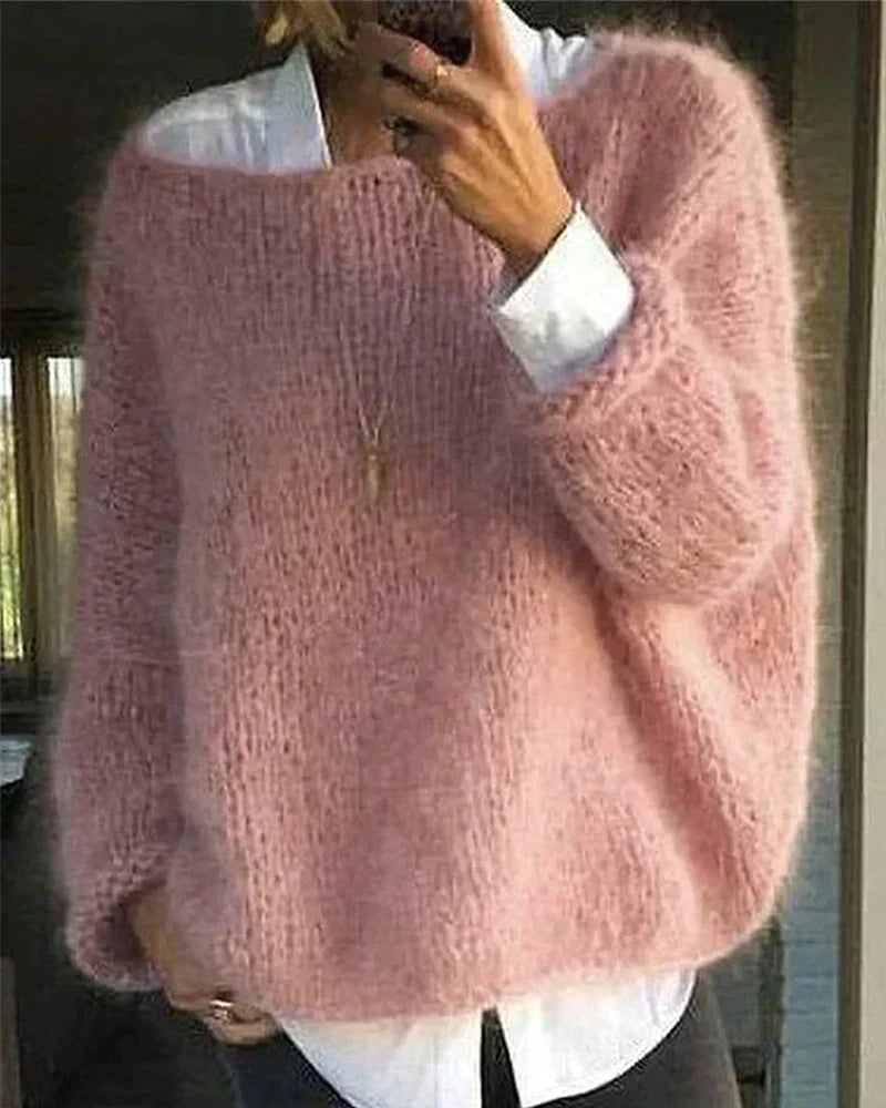 Comfortable Mohair Sweater for Women with Wide Neck Long Sleeve Relaxed Oversized Knit Style