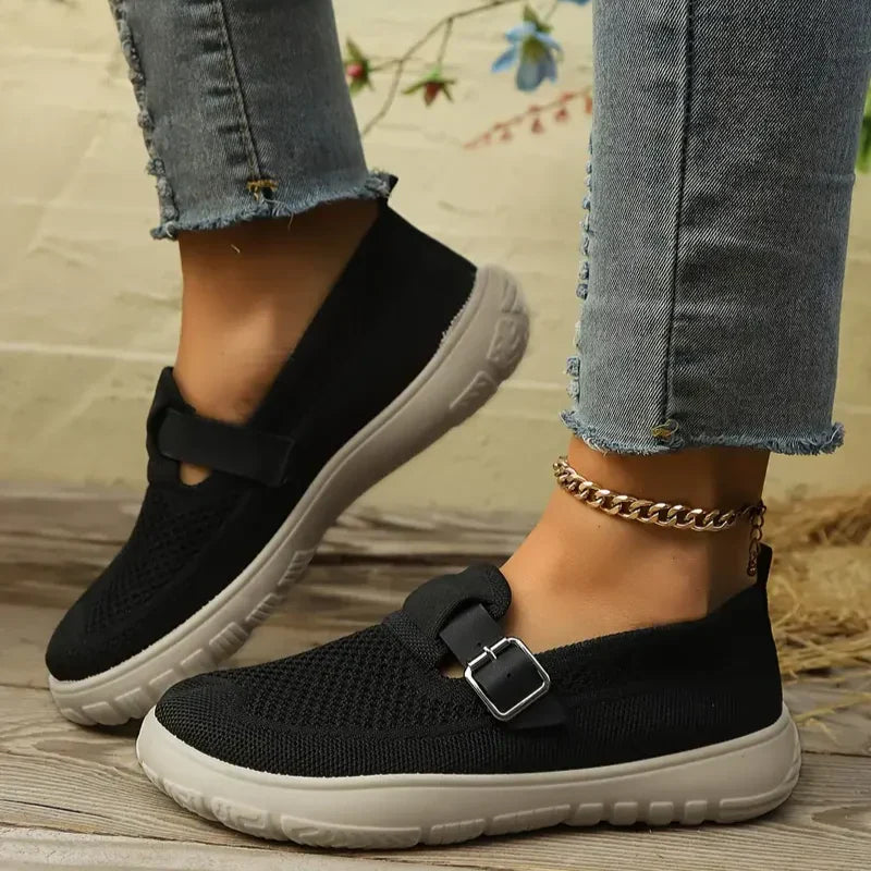 Comfortable Loafers for Women with Breathable Knit Upper Buckle Detail Slip On Flat Style