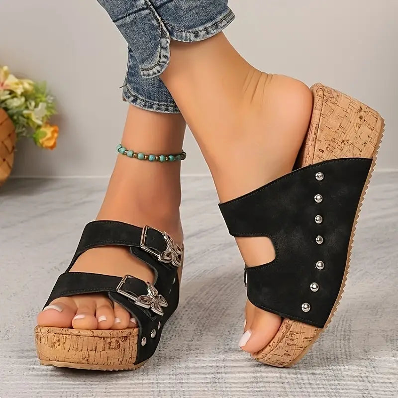 Comfortable Black Wedge Sandals for Women with Buckle Strap Studded Detail Cork Platform Open Toe Style