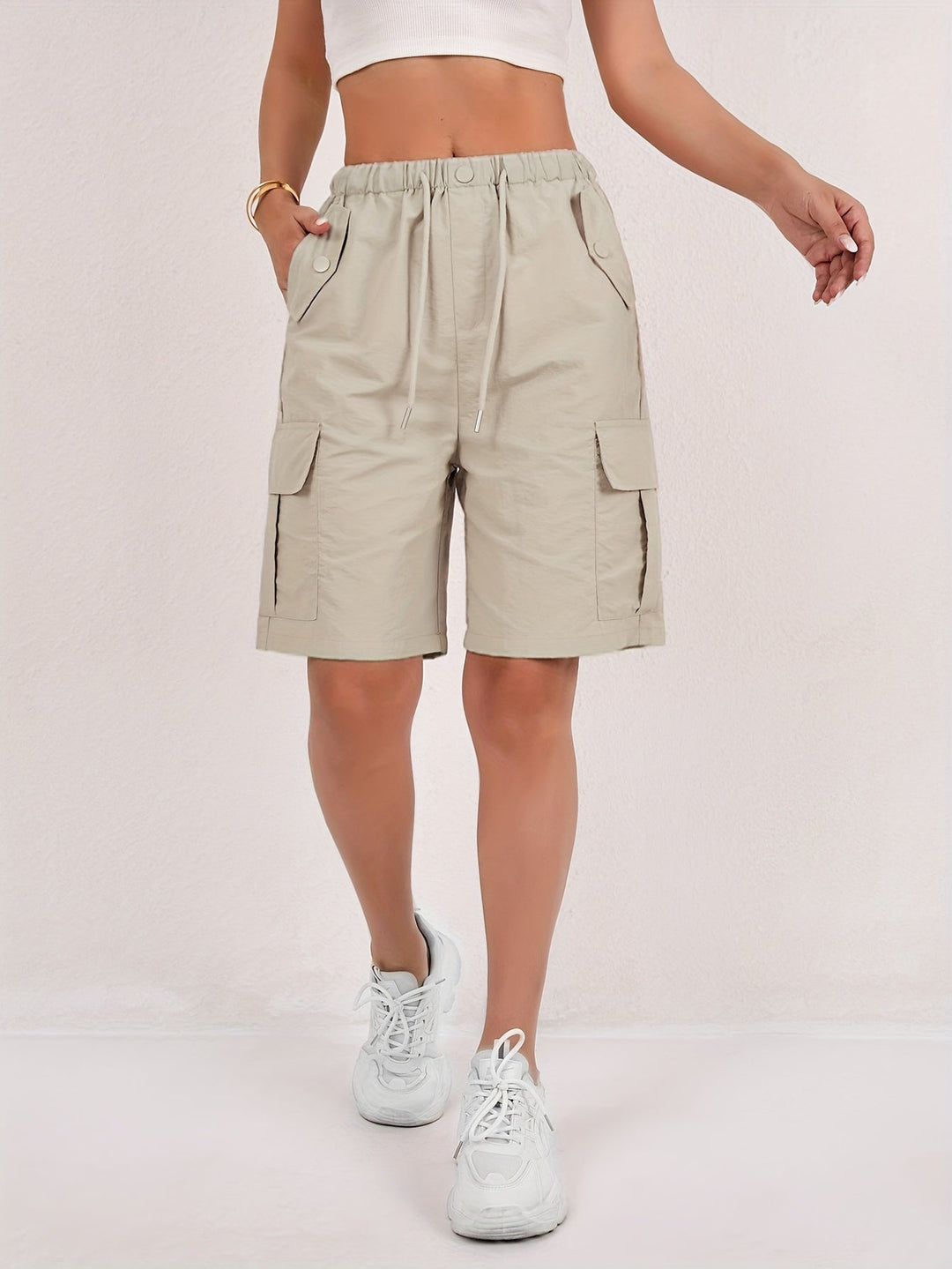 Effortless Pink Cargo Shorts for Women with High Waist Drawstring Flap Pocket Relaxed Style