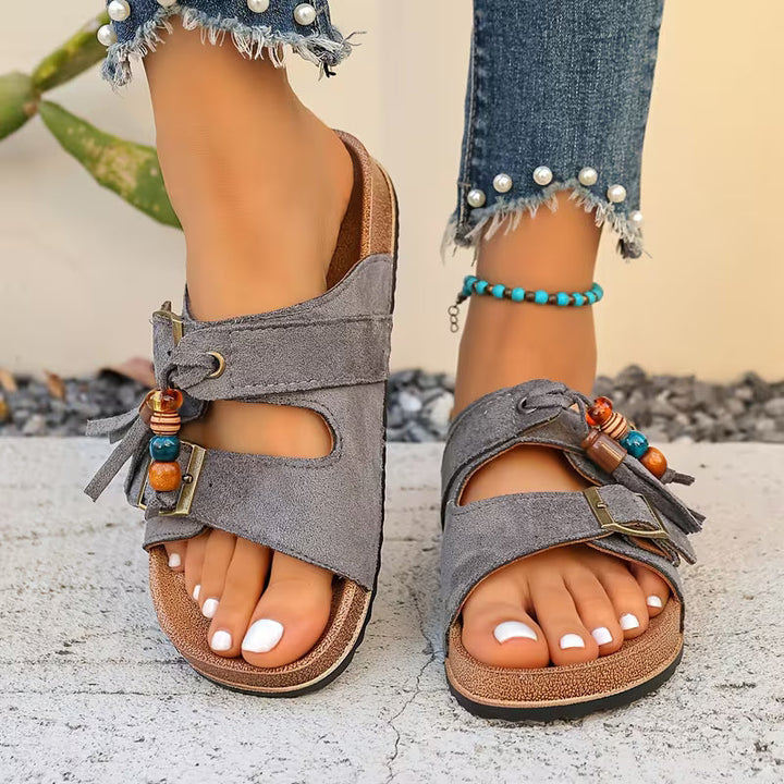 Comfortable Slide Sandals for Women with Tassel Detail Buckle Strap Contoured Footbed Open Toe Style