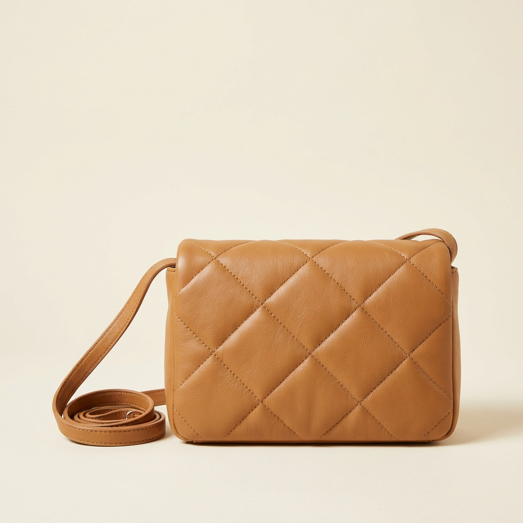Genevieve stitched shoulder bag in warm camel tan against a cream studio backdrop