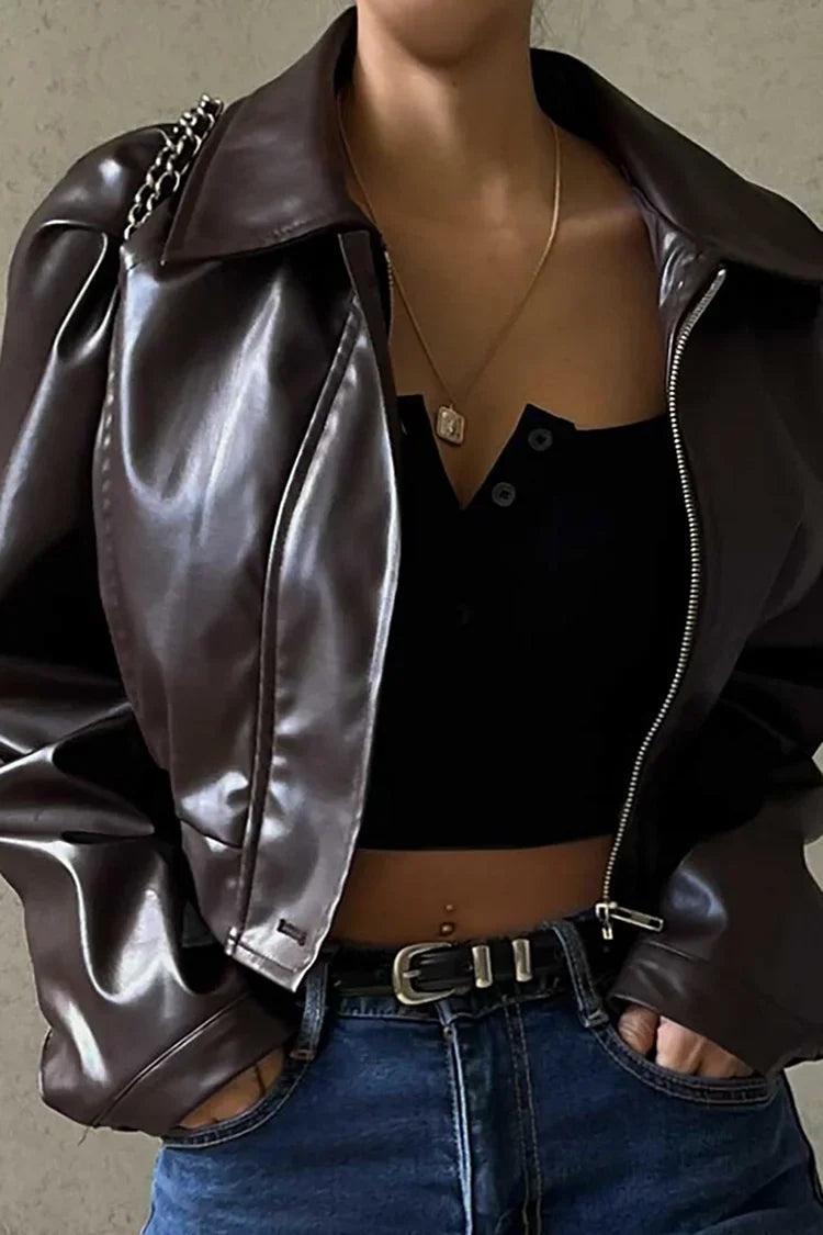 Elegant Brown Leather Jacket for Women with Notched Collar Long Sleeve Zip Front Cropped Moto Style
