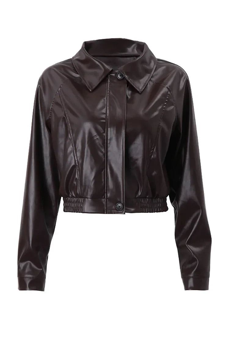 Elegant Brown Leather Jacket for Women with Notched Collar Long Sleeve Zip Front Cropped Moto Style