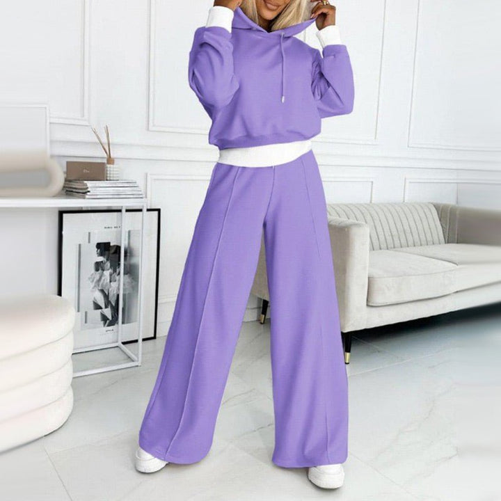 Effortless Cropped Hoodie Two Piece Set for Women with Drawstring Wide Leg Relaxed Casual Style