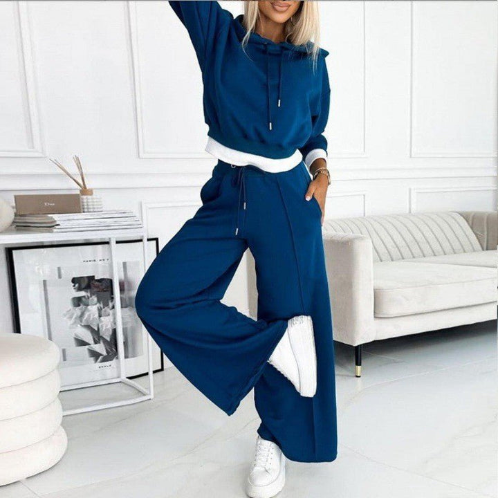 Effortless Cropped Hoodie Two Piece Set for Women with Drawstring Wide Leg Relaxed Casual Style