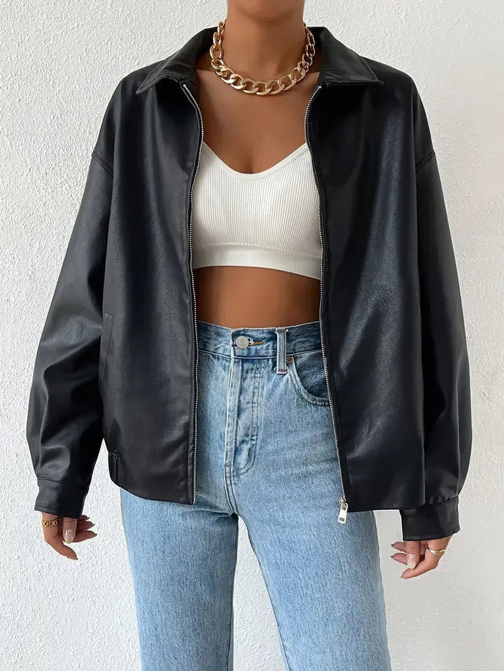 Effortless Black Faux Leather Jacket for Women with Collar Long Sleeve Zip Front Casual Style