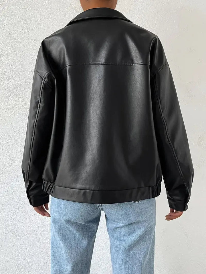 Effortless Black Faux Leather Jacket for Women with Collar Long Sleeve Zip Front Casual Style