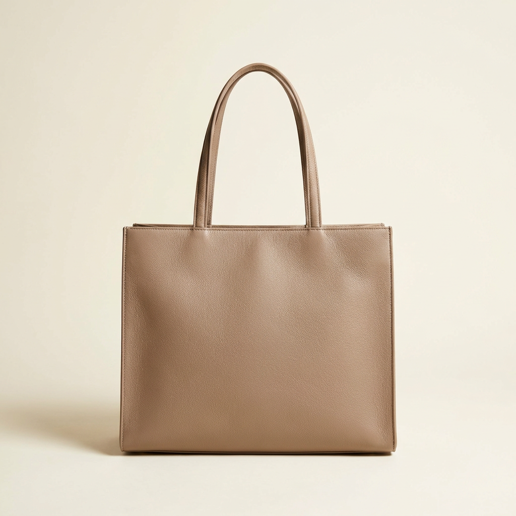 Margot structured everyday tote in warm taupe, standing upright against a cream studio backdrop