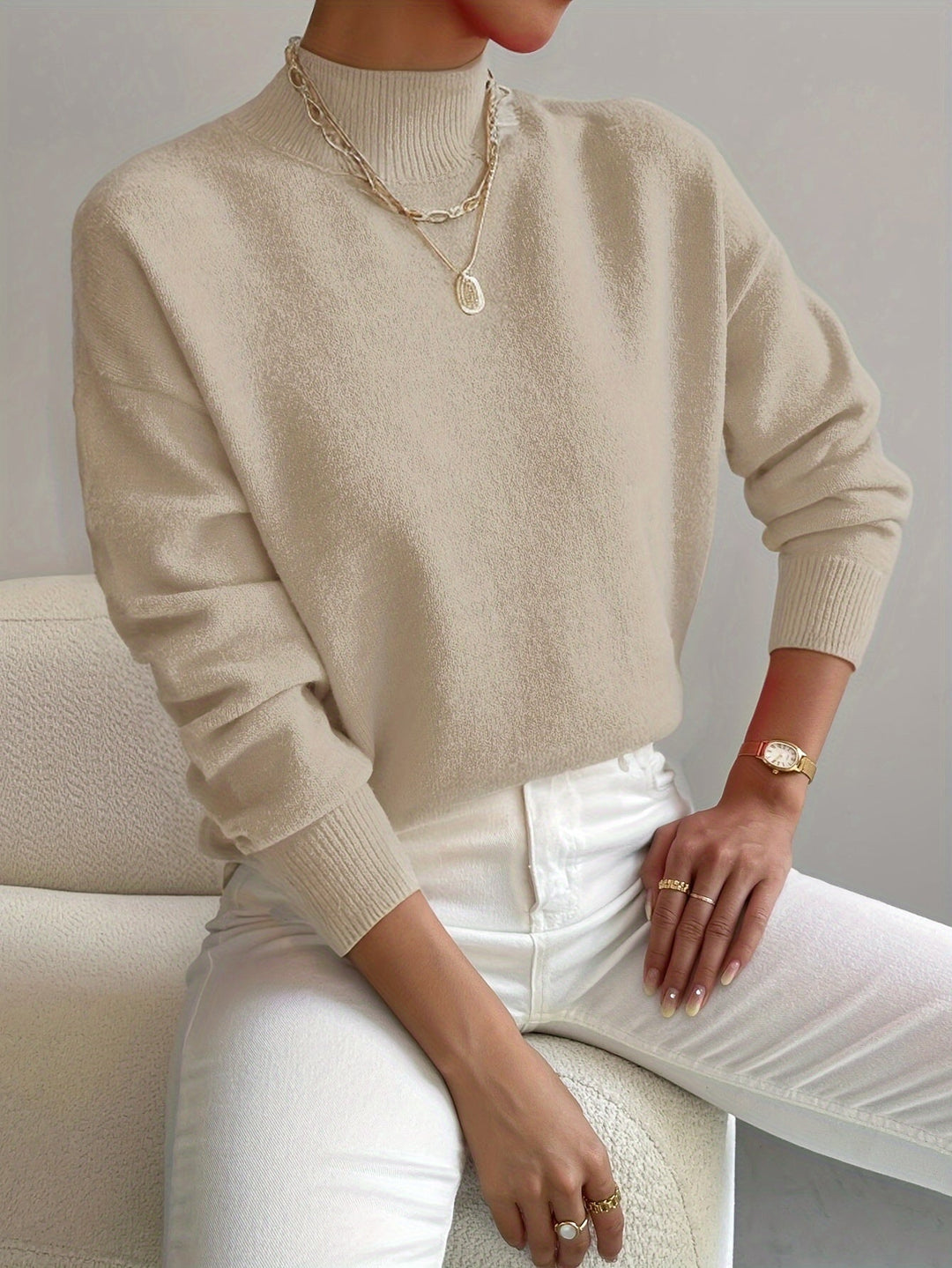 Comfortable Mock Neck Sweater for Women with Long Sleeve Ribbed Cuff Relaxed Oversized Knit Style