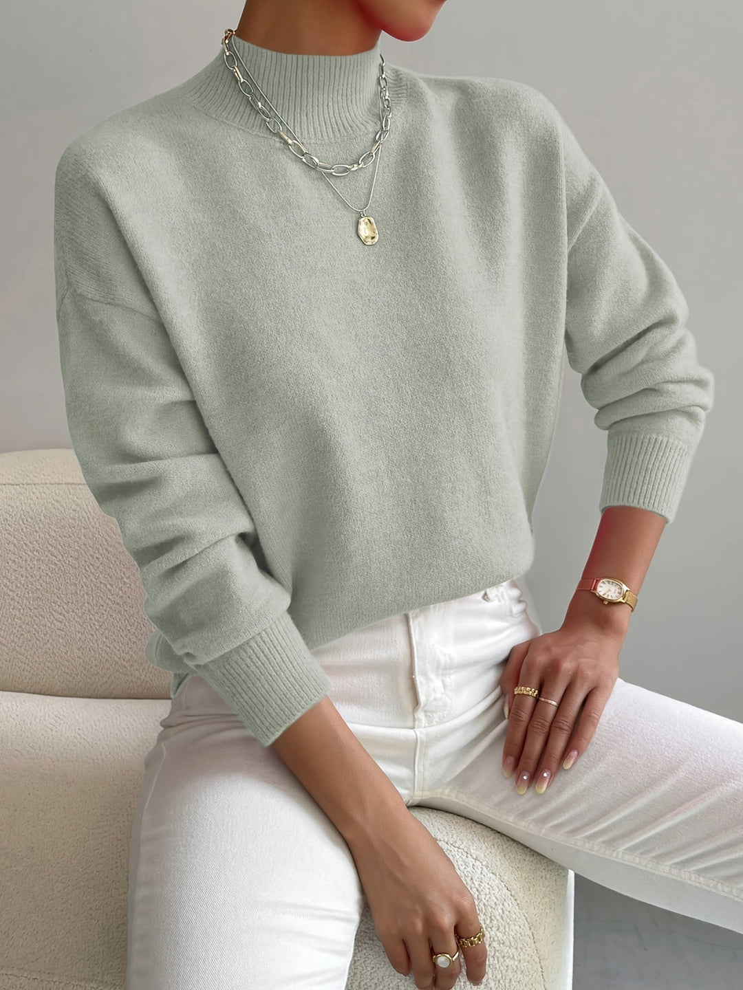Comfortable Mock Neck Sweater for Women with Long Sleeve Ribbed Cuff Relaxed Oversized Knit Style