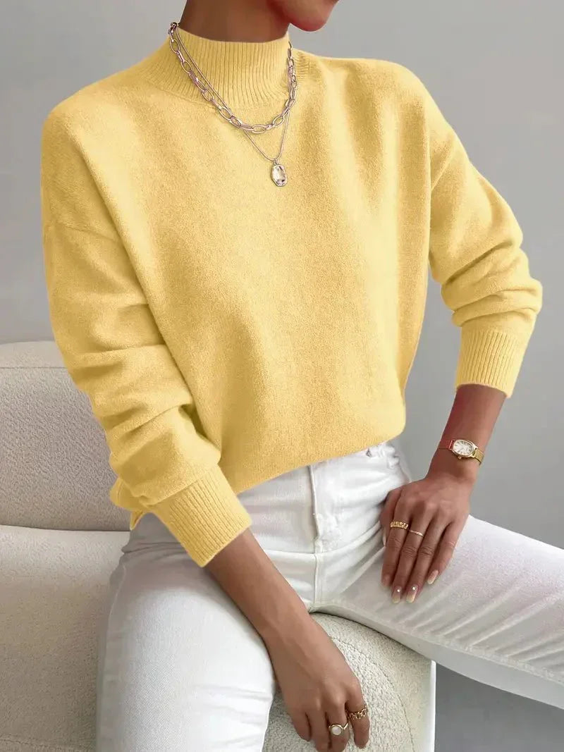 Comfortable Mock Neck Sweater for Women with Long Sleeve Ribbed Cuff Relaxed Oversized Knit Style