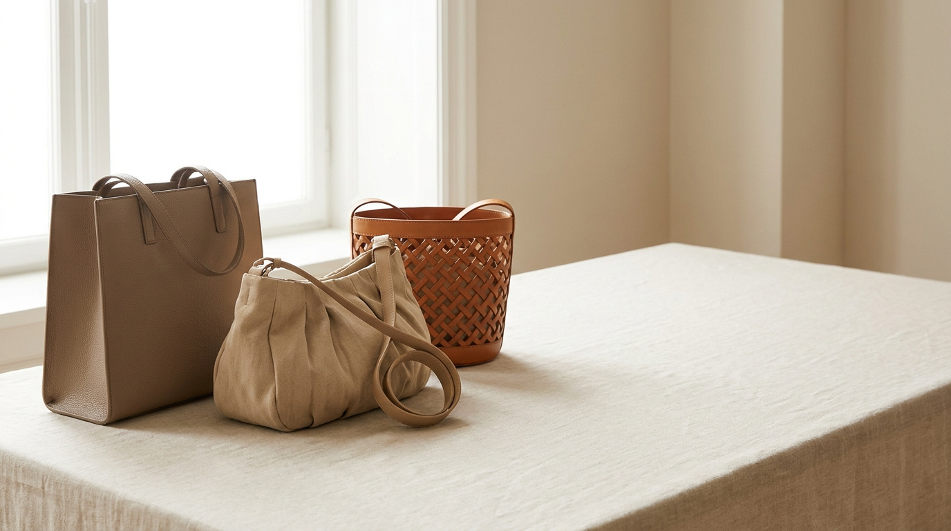 Three Nina Boutique handbags arranged on a pale linen surface in natural window light