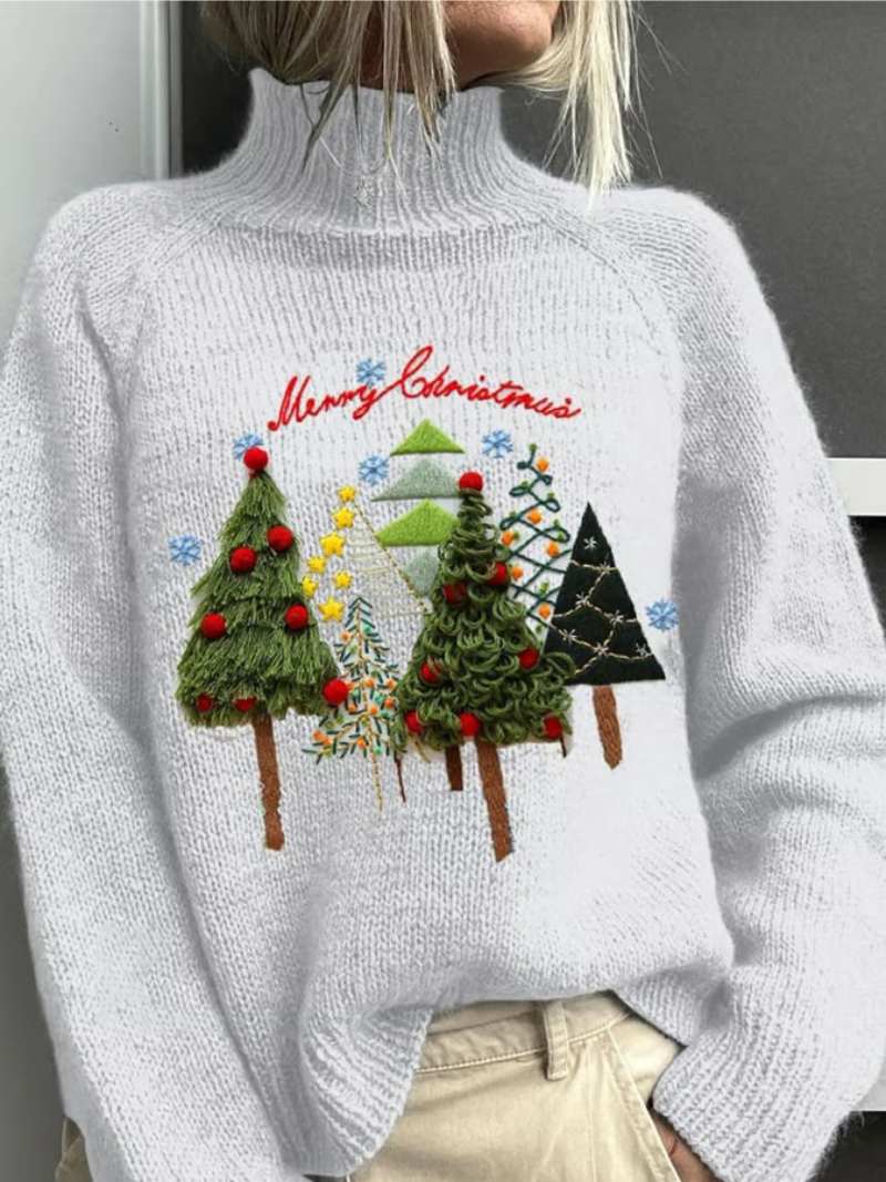 Comfortable White Christmas Tree Embroidered Sweater for Women