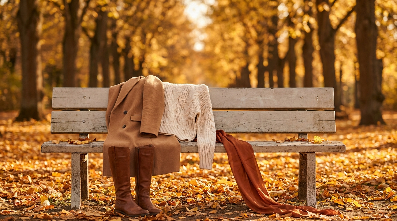 Autumn coat, knitwear and boots on a park bench