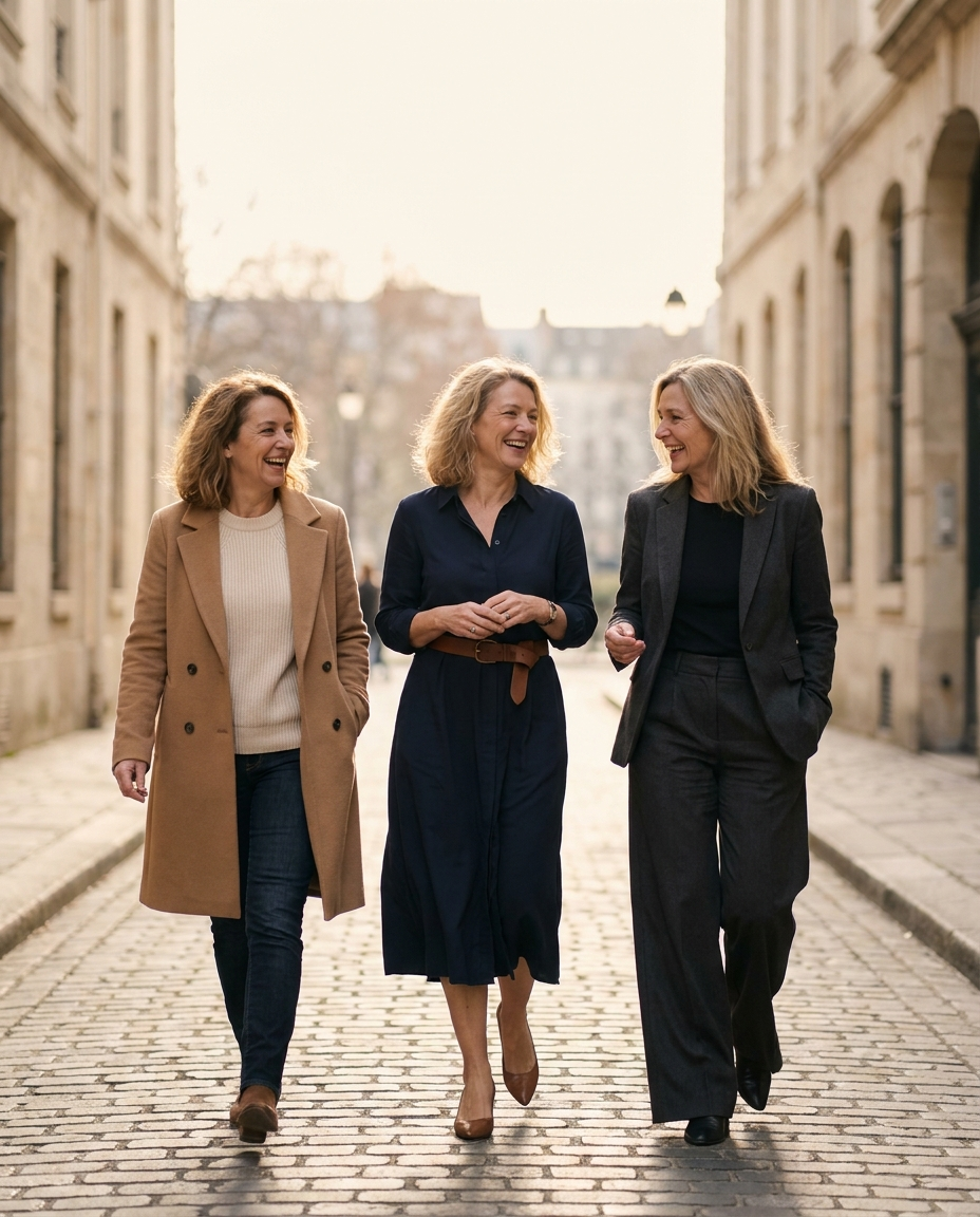 Women in coats and dresses on a city street