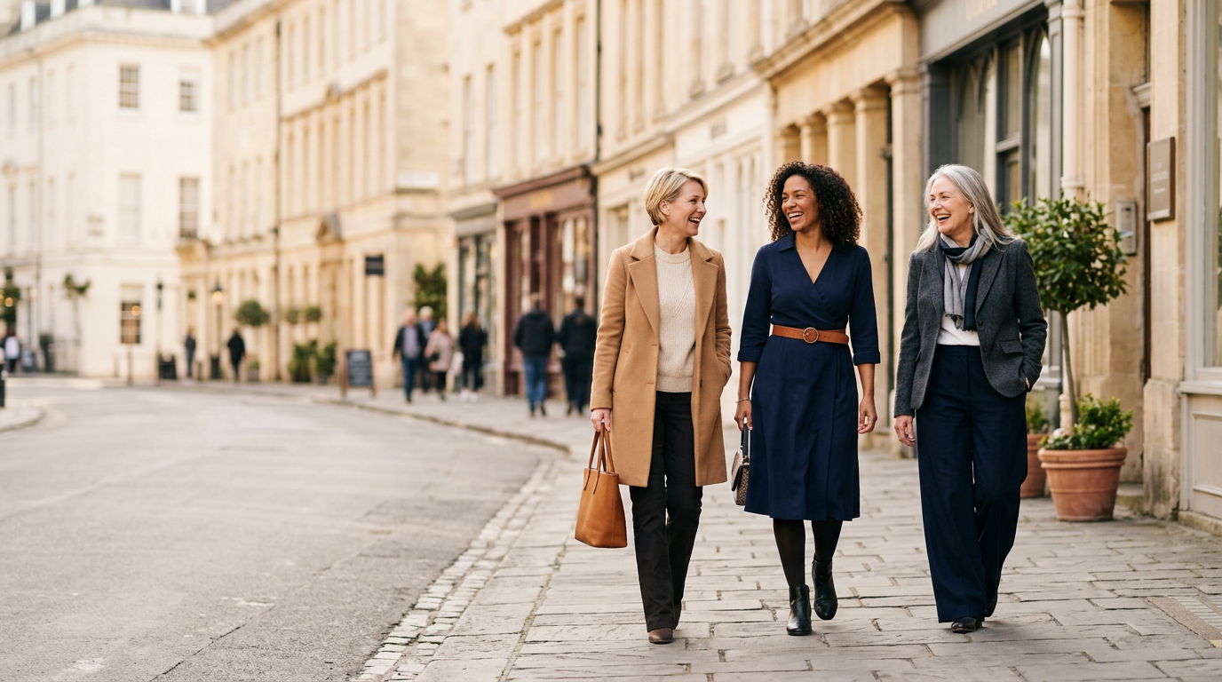 Women in coats and dresses on a city street