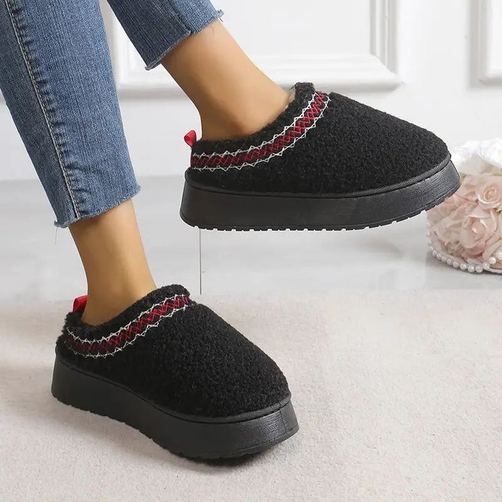 Comfortable Platform Slippers for Women with Teddy Fleece Upper Contrast Trim Slip On House Shoes