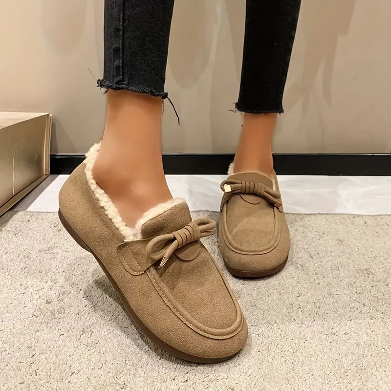 Comfortable Slippers for Women with Faux Fur Lining Bow Detail Moccasin Slip On House Shoes