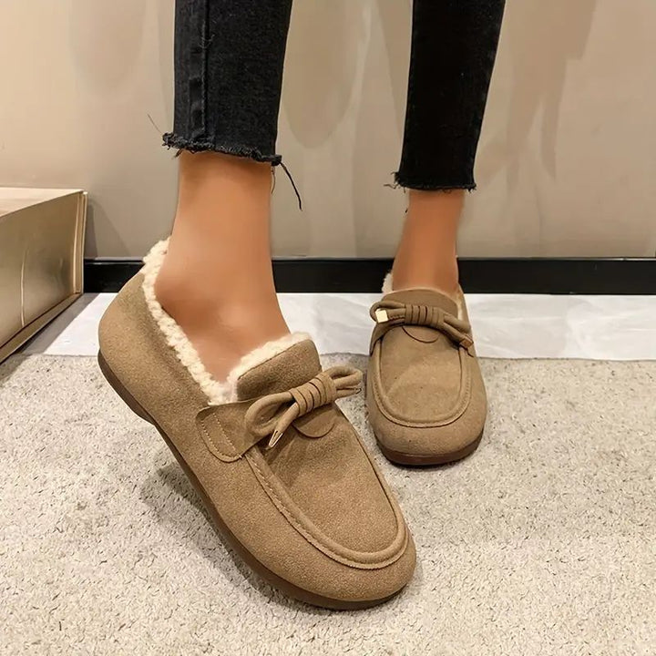 Comfortable Slippers for Women with Faux Fur Lining Bow Detail Moccasin Slip On House Shoes