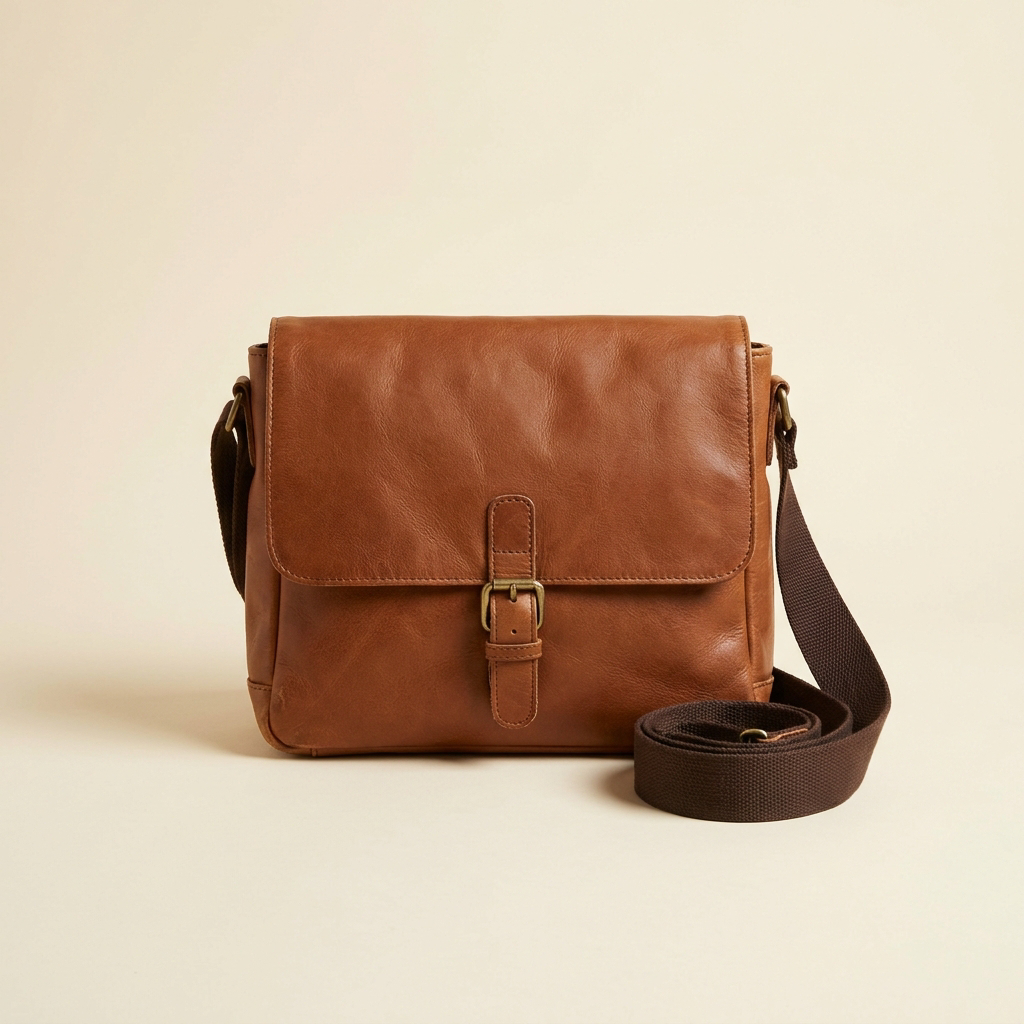 Odette vintage messenger crossbody bag in warm brown against a cream studio backdrop