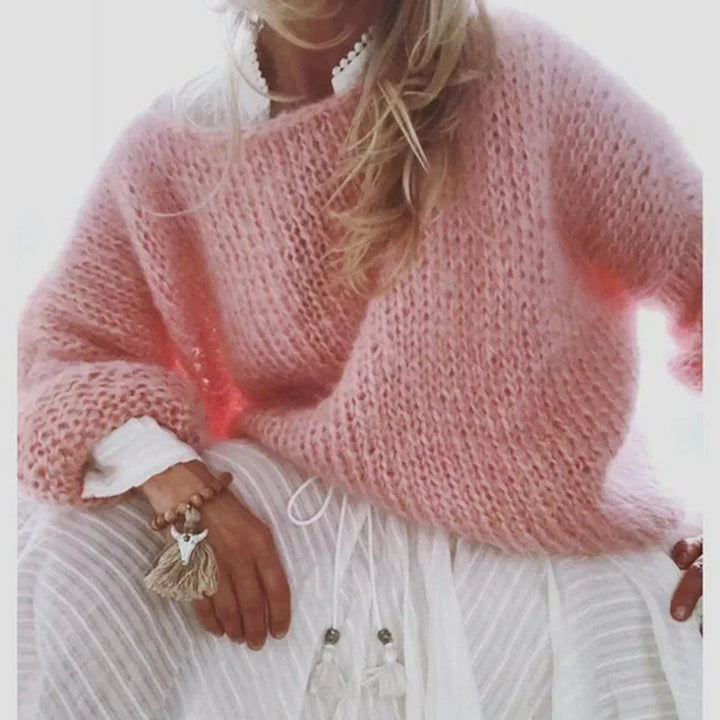 Comfortable Mohair Sweater for Women with Wide Neck Long Sleeve Relaxed Oversized Knit Style