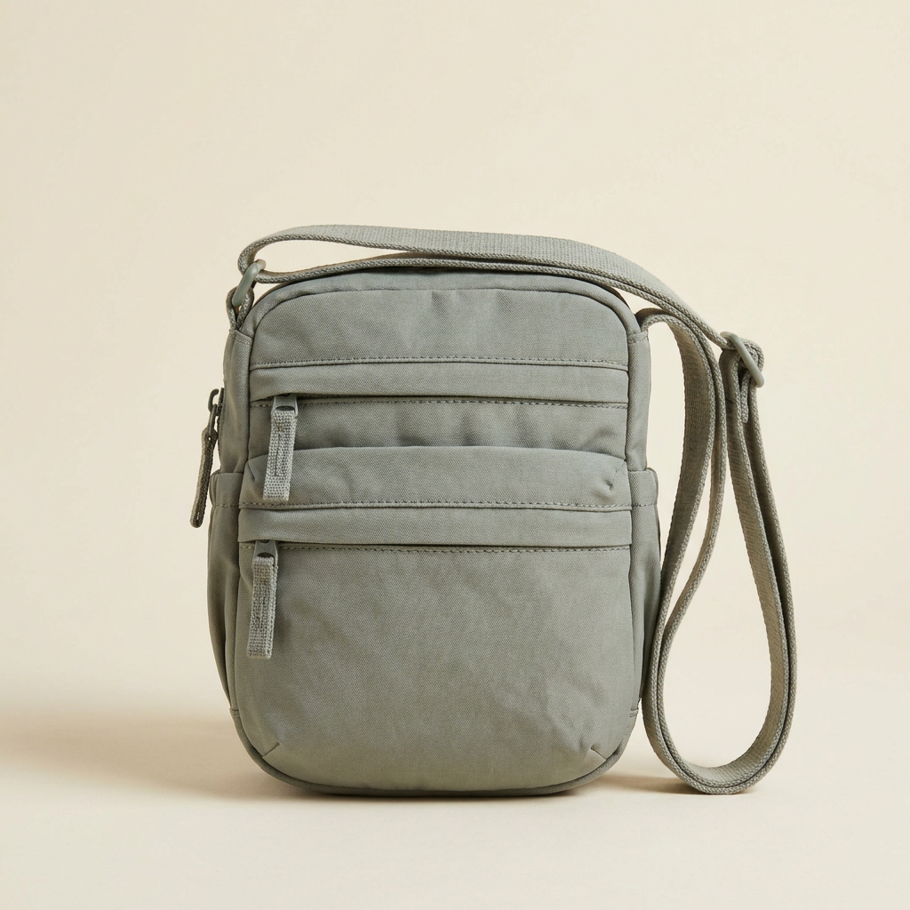 Simone everyday multi-pocket crossbody bag in muted sage grey against a cream studio backdrop