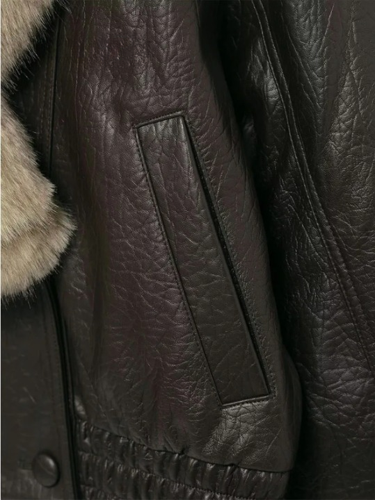 Elegant Faux Fur Collar Leather Jacket for Women with Long Sleeve Oversized Snap Button Style