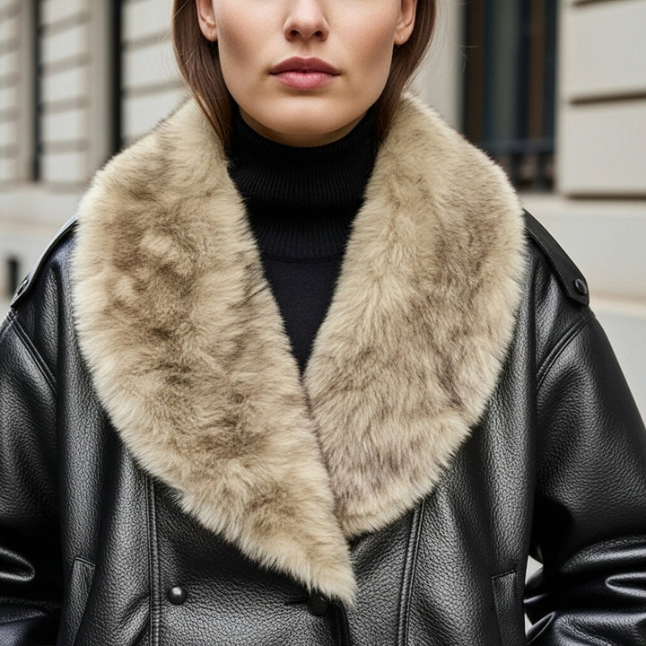 Elegant Faux Fur Collar Leather Jacket for Women with Long Sleeve Oversized Snap Button Style