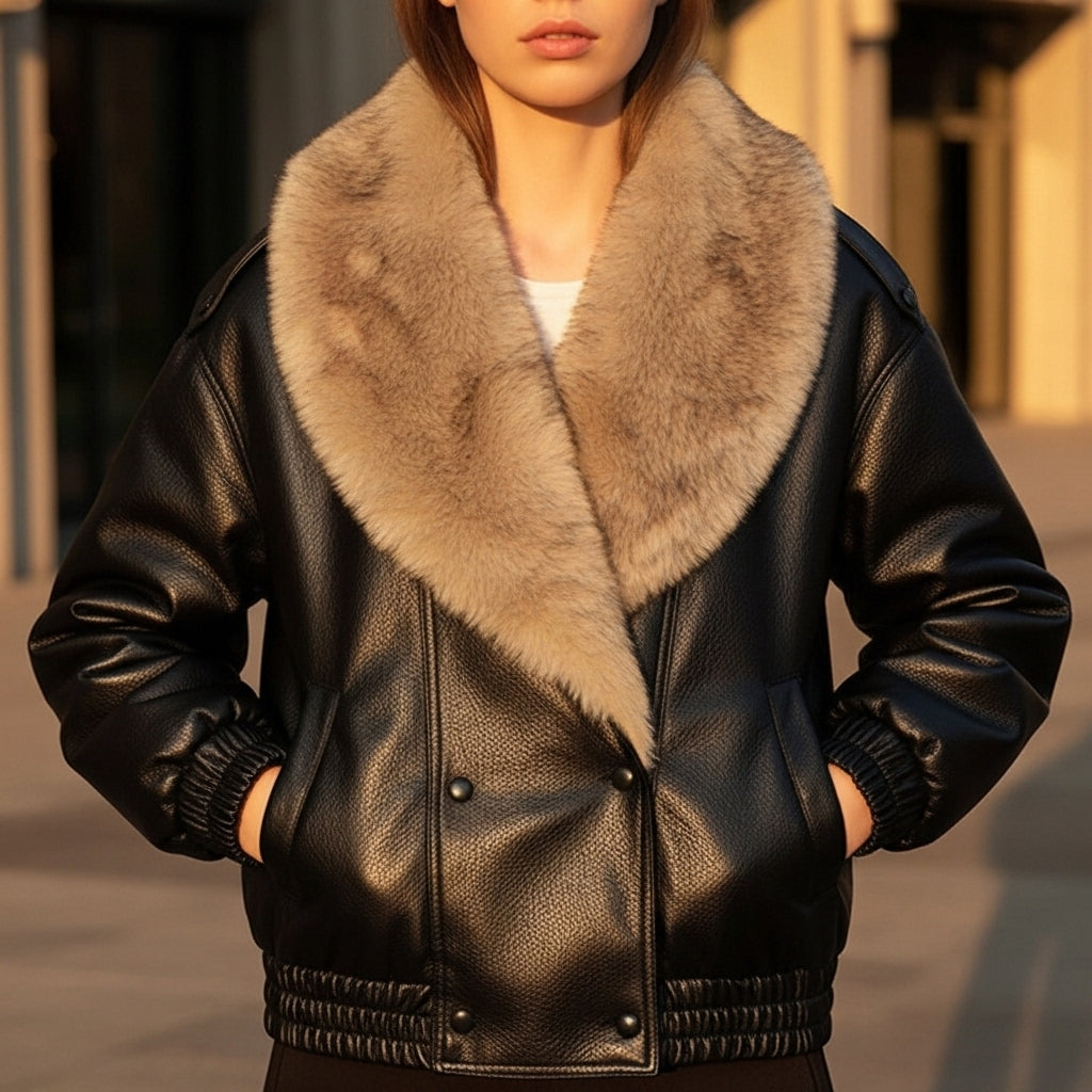 Elegant Faux Fur Collar Leather Jacket for Women with Long Sleeve Oversized Snap Button Style