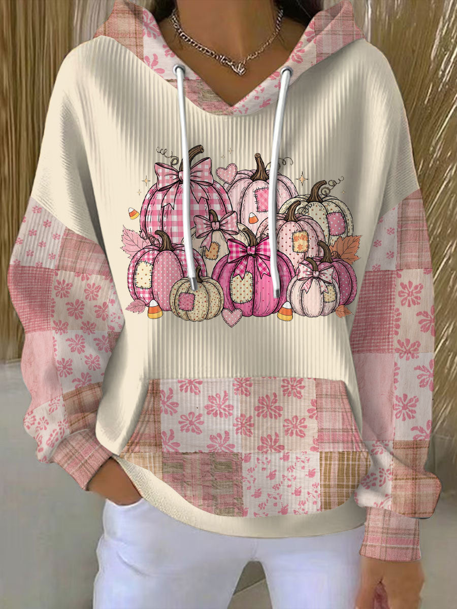 Comfortable Beige Pumpkin Patchwork Hoodie for Women with Drawstring Hood Long Sleeve Oversized Fall Style