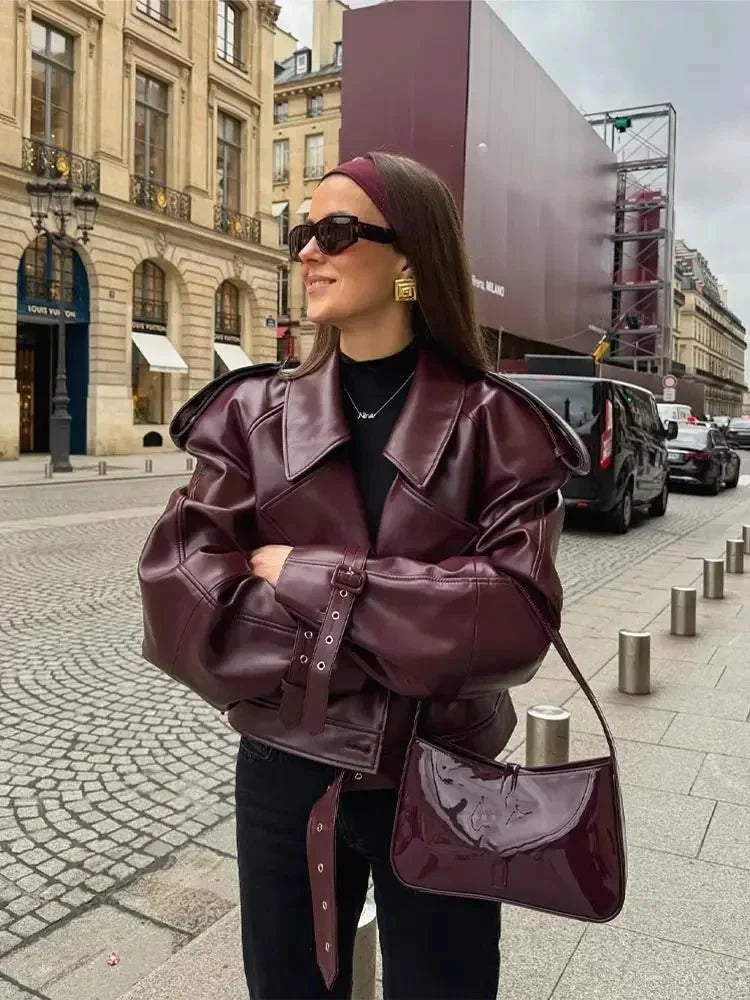 Elegant Burgundy Leather Jacket for Women with Notched Collar Long Sleeve Belted Cropped Style