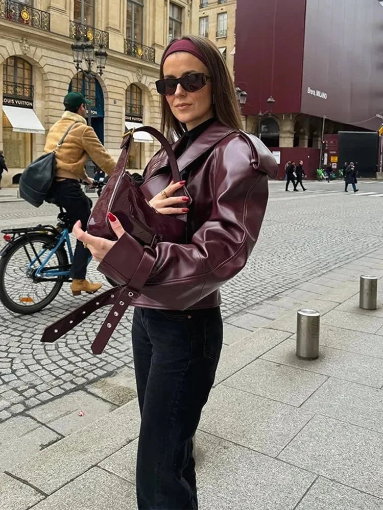 Elegant Burgundy Leather Jacket for Women with Notched Collar Long Sleeve Belted Cropped Style
