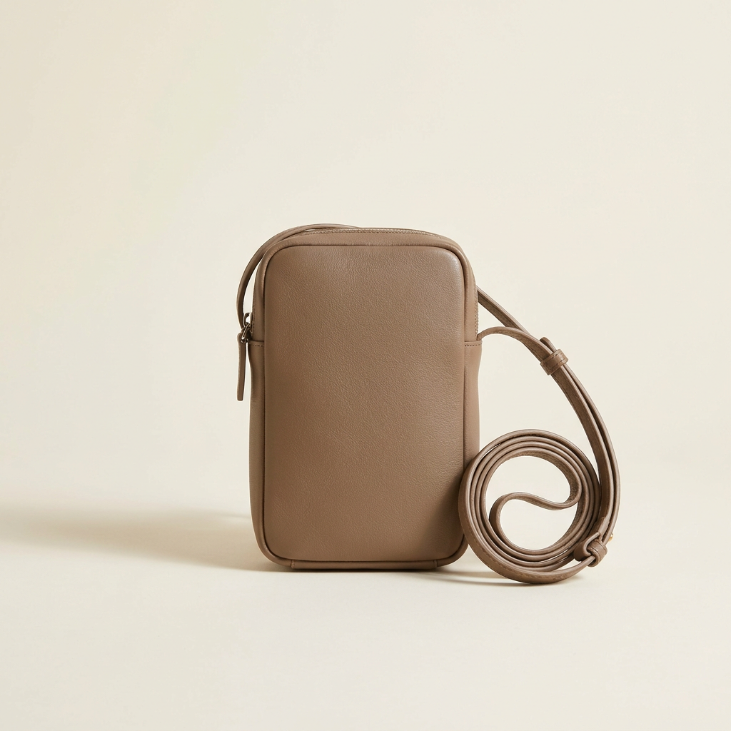 Vivienne minimalist mini crossbody bag in warm taupe against a cream studio backdrop