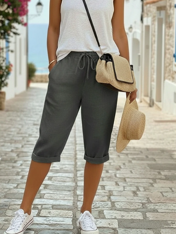 Effortless Linen Capri Pants for Women with High Waist Drawstring Cuffed Relaxed Casual Style