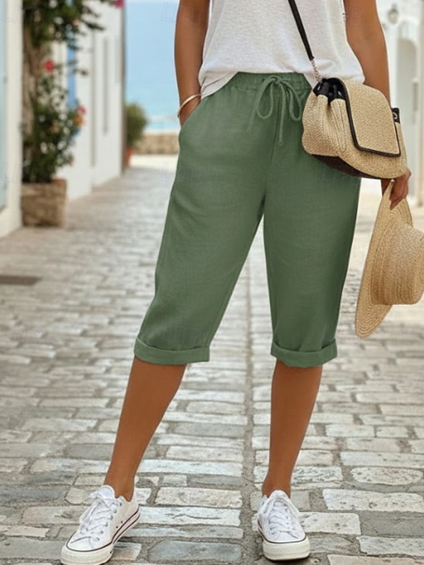 Effortless Linen Capri Pants for Women with High Waist Drawstring Cuffed Relaxed Casual Style