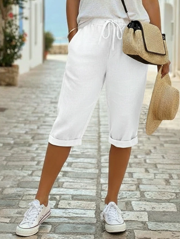 Effortless Linen Capri Pants for Women with High Waist Drawstring Cuffed Relaxed Casual Style
