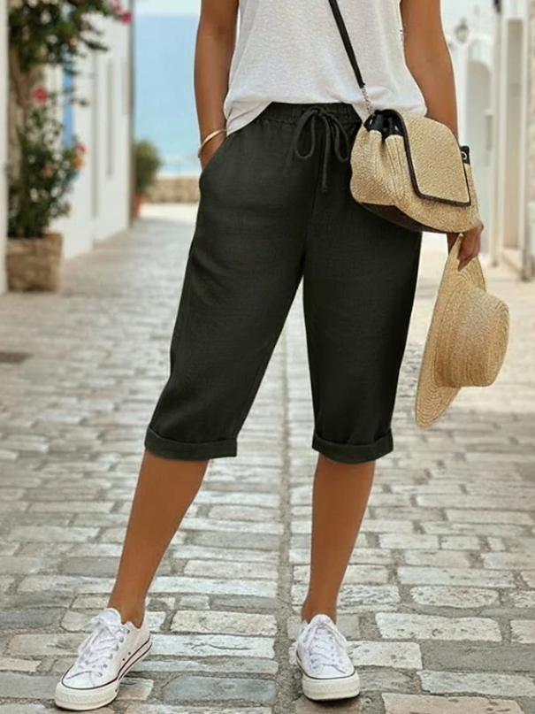Effortless Linen Capri Pants for Women with High Waist Drawstring Cuffed Relaxed Casual Style