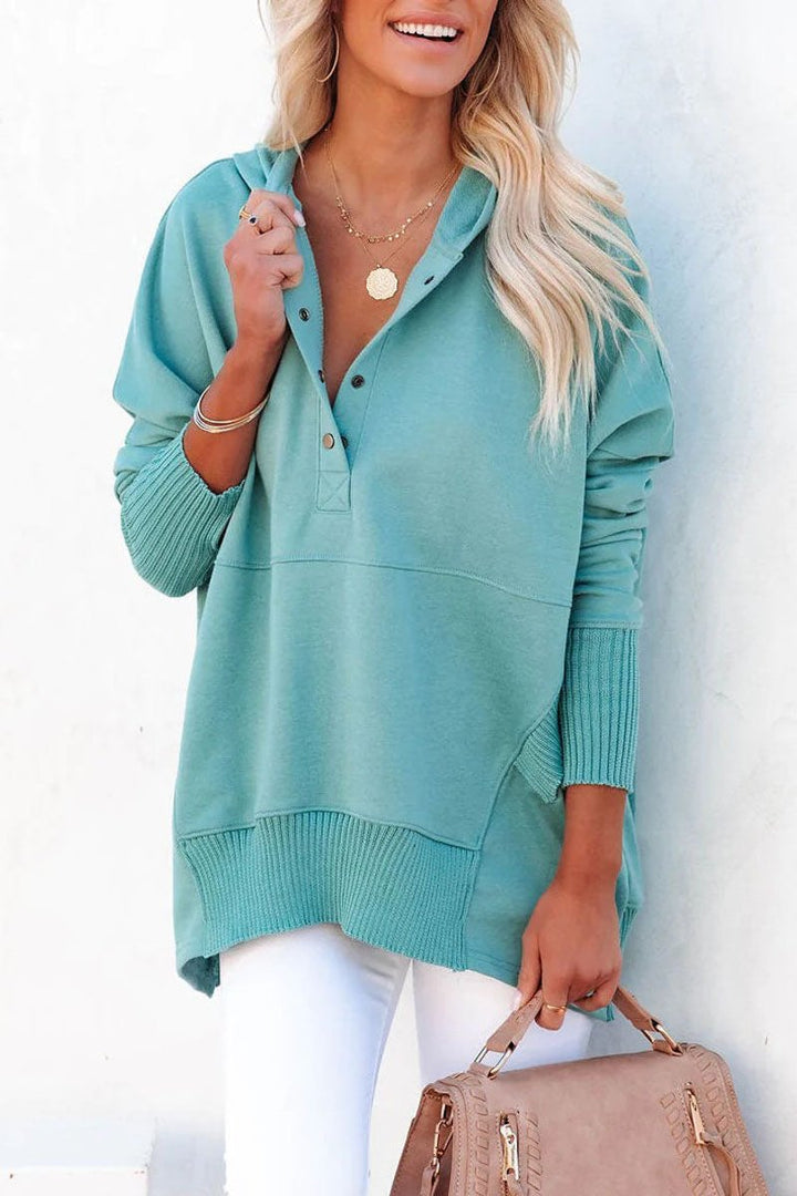 Effortless Snap Button Hoodie for Women with Long Sleeve Ribbed Cuff High Low Relaxed Style