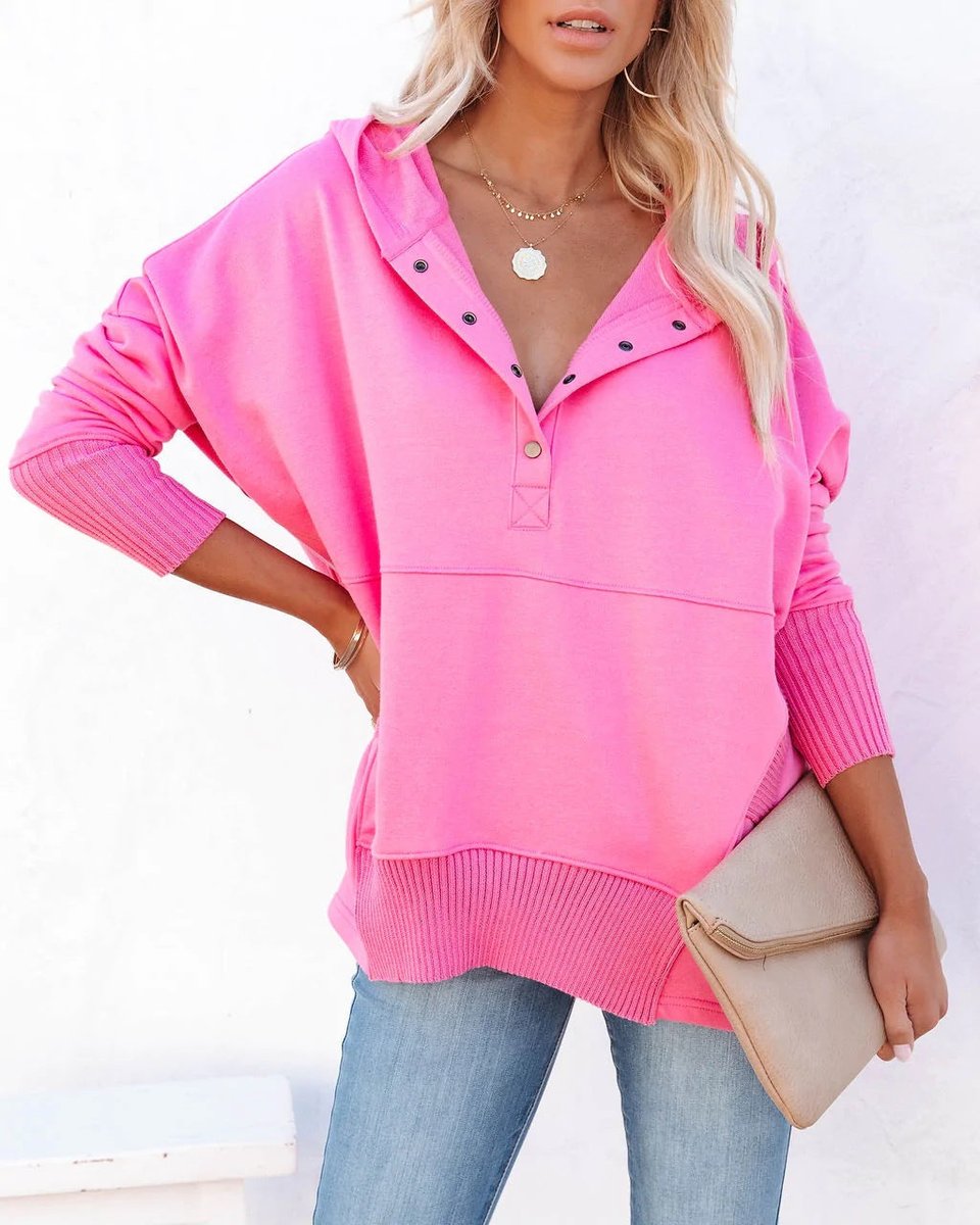 Effortless Snap Button Hoodie for Women with Long Sleeve Ribbed Cuff High Low Relaxed Style