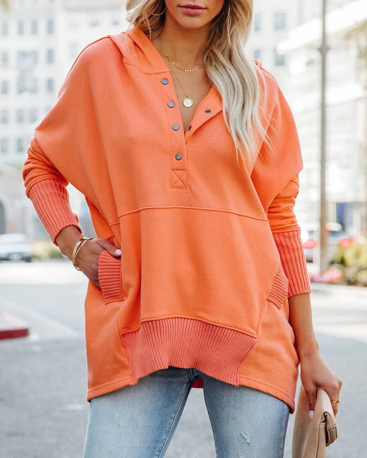 Effortless Snap Button Hoodie for Women with Long Sleeve Ribbed Cuff High Low Relaxed Style
