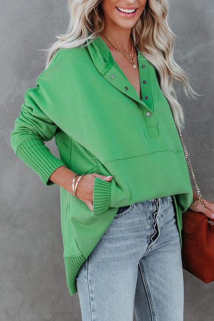 Effortless Snap Button Hoodie for Women with Long Sleeve Ribbed Cuff High Low Relaxed Style