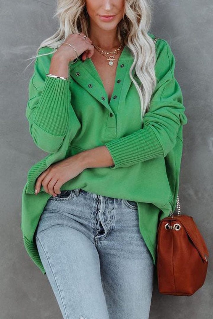 Effortless Snap Button Hoodie for Women with Long Sleeve Ribbed Cuff High Low Relaxed Style
