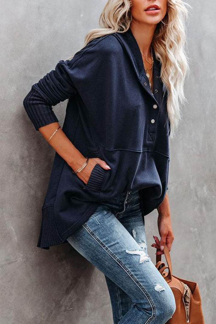 Effortless Snap Button Hoodie for Women with Long Sleeve Ribbed Cuff High Low Relaxed Style