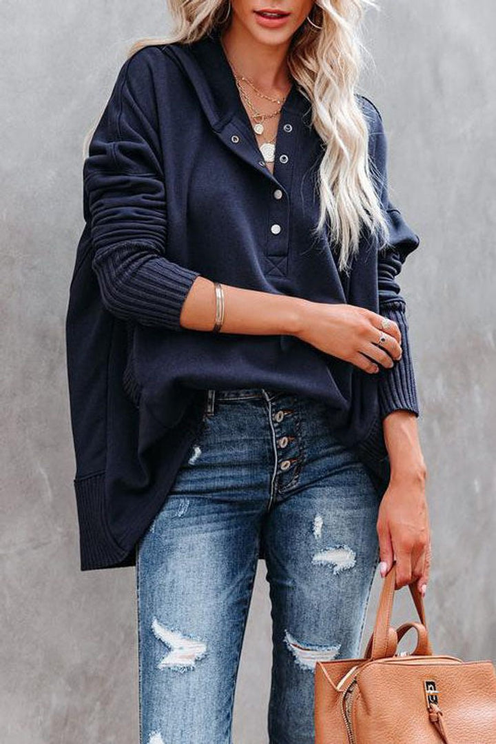 Effortless Snap Button Hoodie for Women with Long Sleeve Ribbed Cuff High Low Relaxed Style