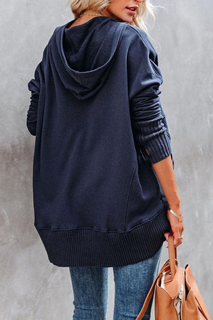 Effortless Snap Button Hoodie for Women with Long Sleeve Ribbed Cuff High Low Relaxed Style